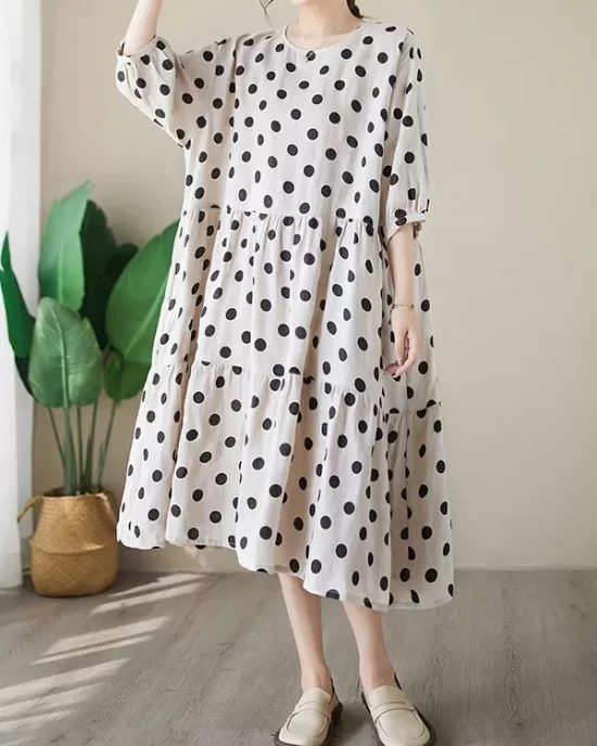 Polka Dot Split-Joint Half Sleeves Loose Midi Dresses