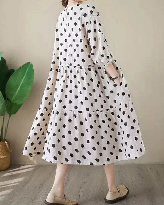 Polka Dot Split-Joint Half Sleeves Loose Midi Dresses