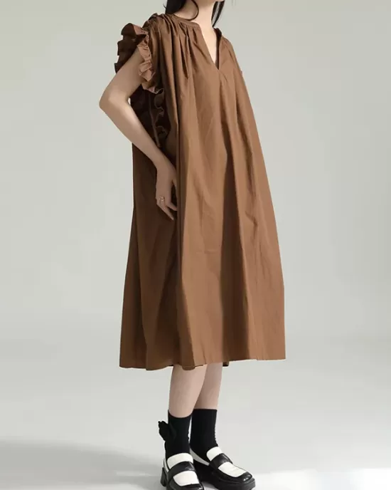 Adjustable Drawstring Pleated Solid Color Loose Raglan Sleeve V-Neck Shirt Dress Midi Dresses