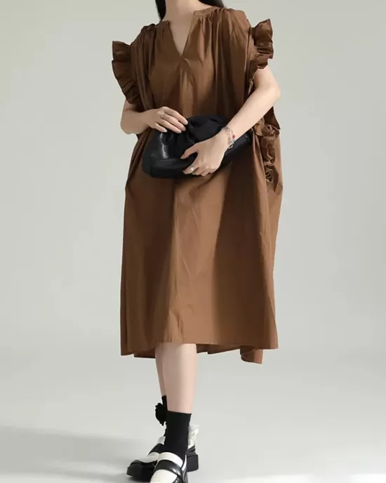 Adjustable Drawstring Pleated Solid Color Loose Raglan Sleeve V-Neck Shirt Dress Midi Dresses