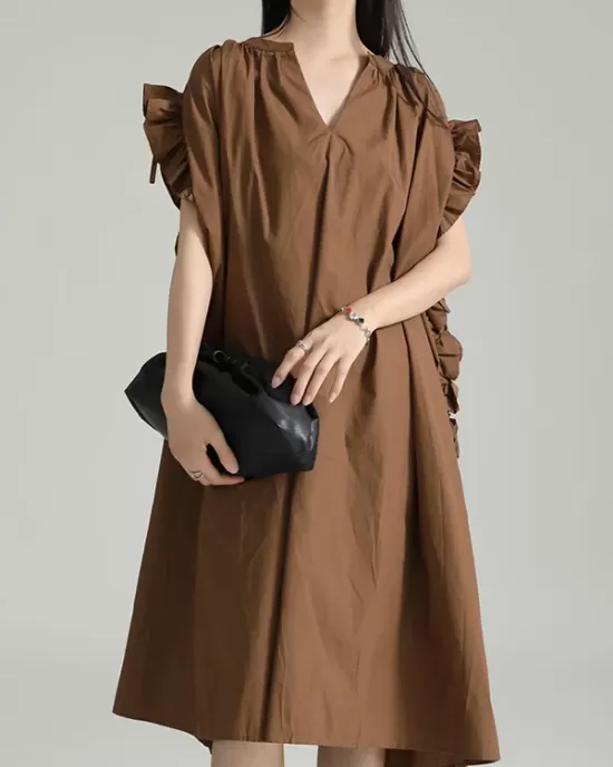 Adjustable Drawstring Pleated Solid Color Loose Raglan Sleeve V-Neck Shirt Dress Midi Dresses