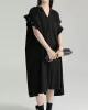 Adjustable Drawstring Pleated Solid Color Loose Raglan Sleeve V-Neck Shirt Dress Midi Dresses