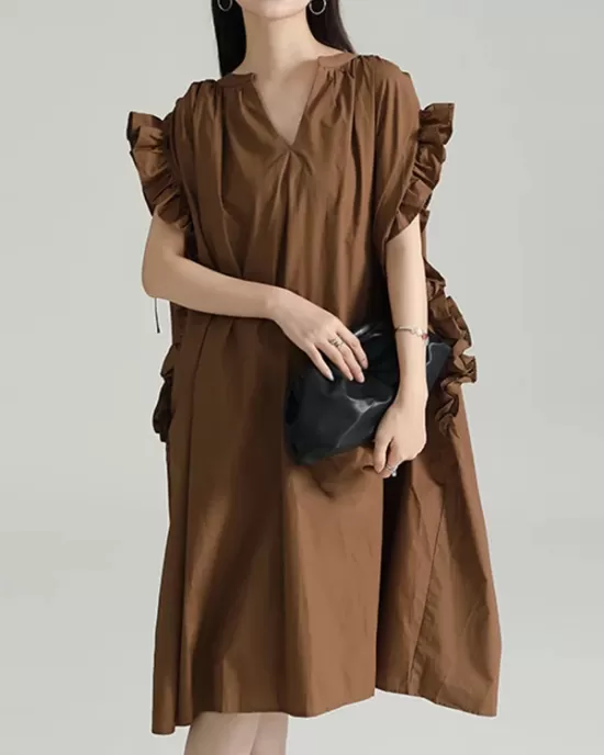 Adjustable Drawstring Pleated Solid Color Loose Raglan Sleeve V-Neck Shirt Dress Midi Dresses