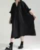 Adjustable Drawstring Pleated Solid Color Loose Raglan Sleeve V-Neck Shirt Dress Midi Dresses