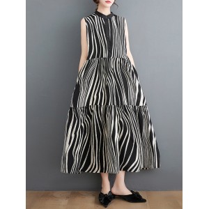 Striped Loose Sleeveless Stand Collar Midi Dresses