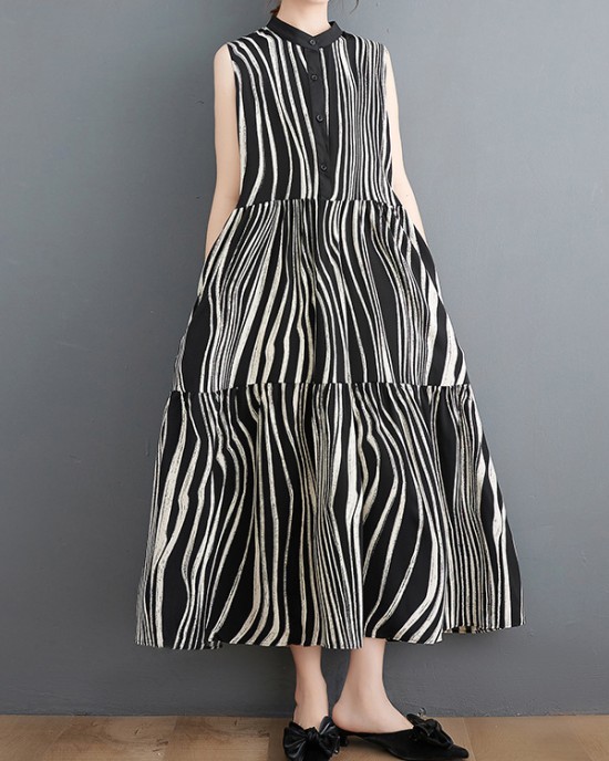 Striped Loose Sleeveless Stand Collar Midi Dresses