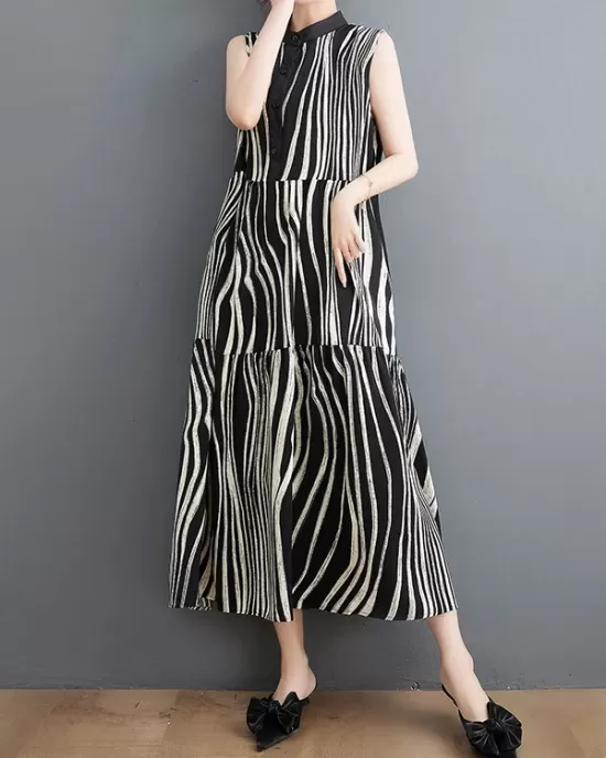 Striped Loose Sleeveless Stand Collar Midi Dresses