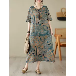 Contrast Color Polka-Dot Printed Half Sleeves Loose Round-Neck Midi Dresses