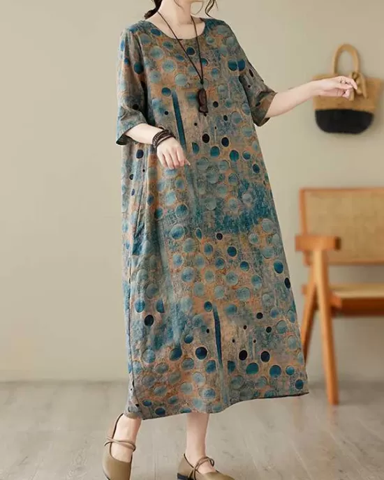 Contrast Color Polka-Dot Printed Half Sleeves Loose Round-Neck Midi Dresses