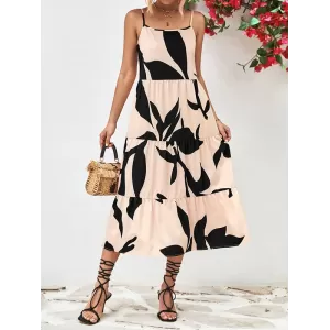 Contrast Color Floral Printed Loose Sleeveless Spaghetti-Neck Midi Dresses