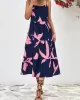 Contrast Color Floral Printed Loose Sleeveless Spaghetti-Neck Midi Dresses