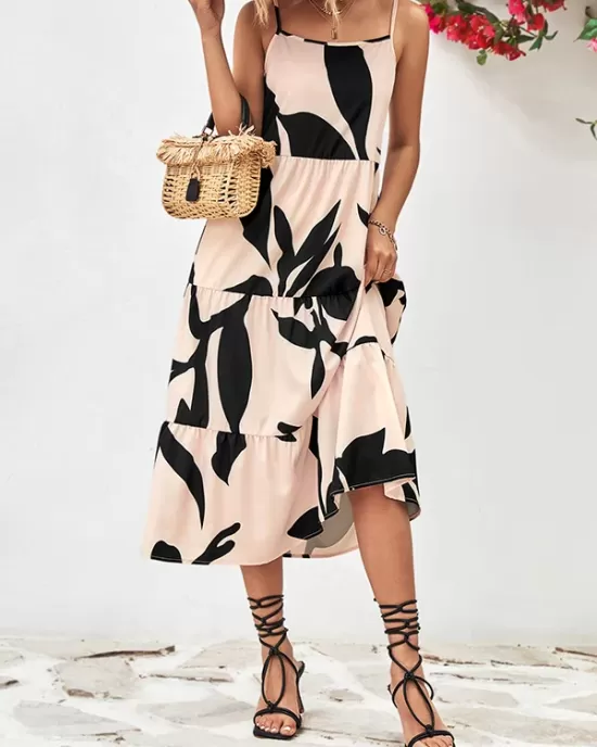 Contrast Color Floral Printed Loose Sleeveless Spaghetti-Neck Midi Dresses