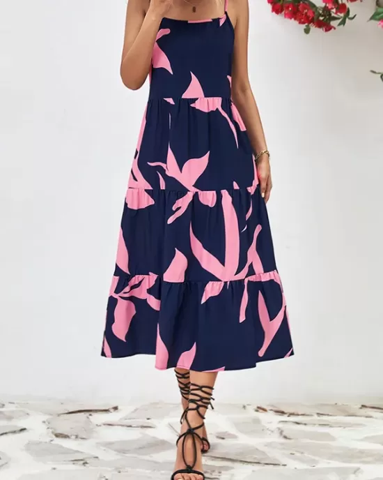 Contrast Color Floral Printed Loose Sleeveless Spaghetti-Neck Midi Dresses