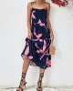 Contrast Color Floral Printed Loose Sleeveless Spaghetti-Neck Midi Dresses