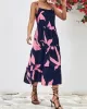 Contrast Color Floral Printed Loose Sleeveless Spaghetti-Neck Midi Dresses