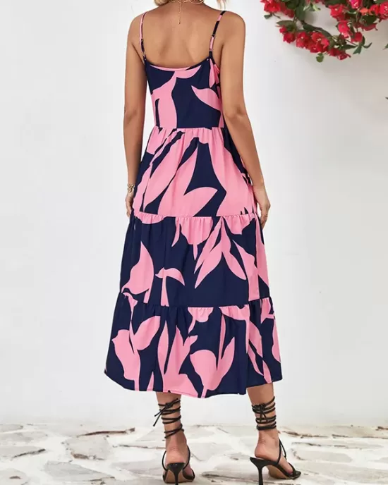 Contrast Color Floral Printed Loose Sleeveless Spaghetti-Neck Midi Dresses