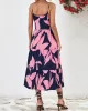 Contrast Color Floral Printed Loose Sleeveless Spaghetti-Neck Midi Dresses