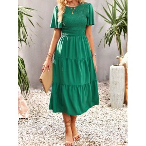 Elastics Solid Color Loose Short Sleeves Round-neck Midi Dresses