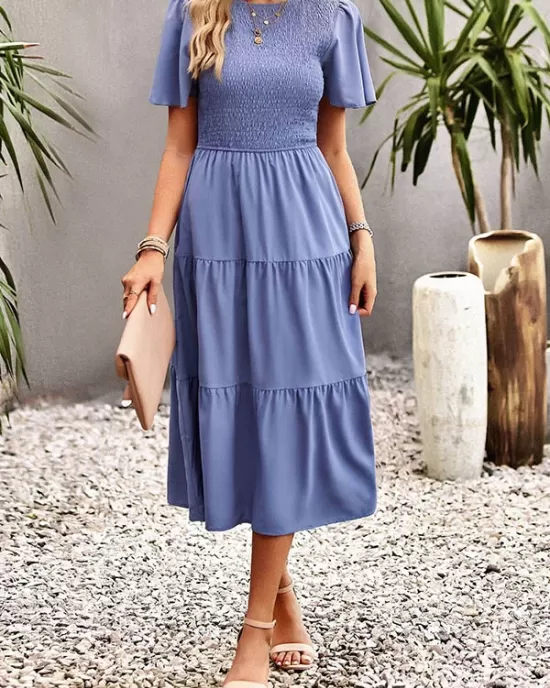 Elastics Solid Color Loose Short Sleeves Round-neck Midi Dresses