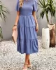 Elastics Solid Color Loose Short Sleeves Round-neck Midi Dresses