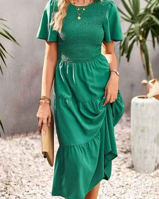 Elastics Solid Color Loose Short Sleeves Round-neck Midi Dresses