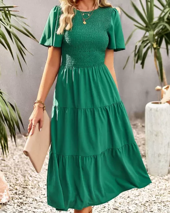 Elastics Solid Color Loose Short Sleeves Round-neck Midi Dresses