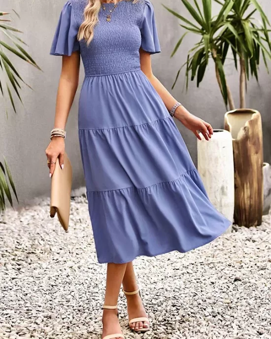 Elastics Solid Color Loose Short Sleeves Round-neck Midi Dresses