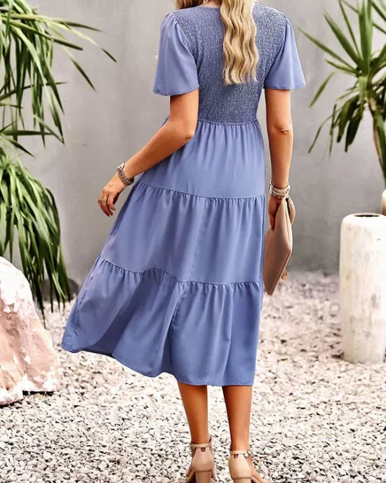 Elastics Solid Color Loose Short Sleeves Round-neck Midi Dresses