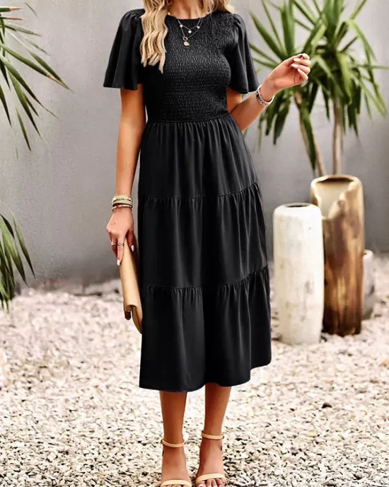 Elastics Solid Color Loose Short Sleeves Round-neck Midi Dresses