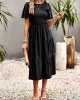 Elastics Solid Color Loose Short Sleeves Round-neck Midi Dresses