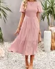 Elastics Solid Color Loose Short Sleeves Round-neck Midi Dresses