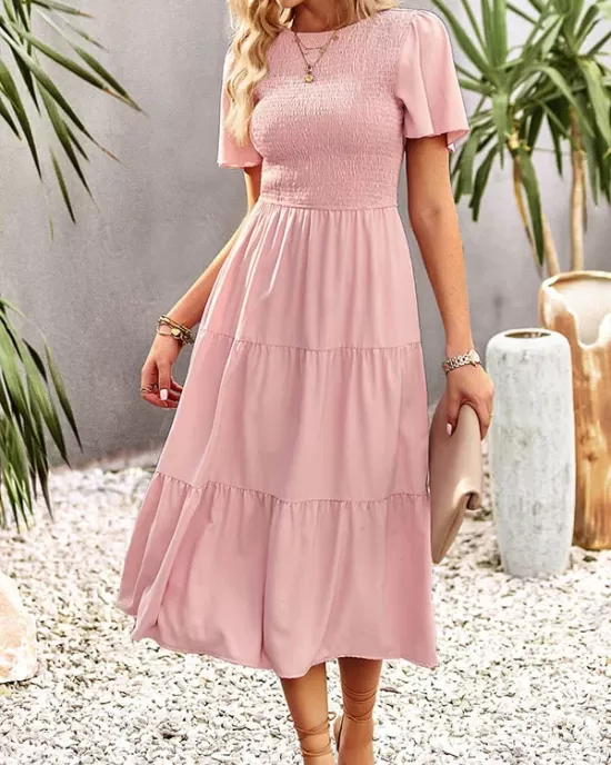 Elastics Solid Color Loose Short Sleeves Round-neck Midi Dresses