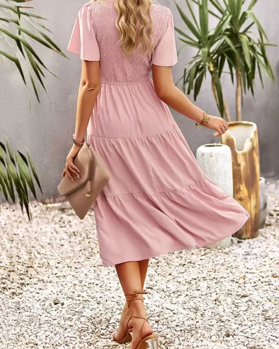 Elastics Solid Color Loose Short Sleeves Round-neck Midi Dresses