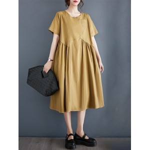 Asymmetric Pleated Pockets Solid Color Split-Joint A-line Loose Round-neck Midi Dresses