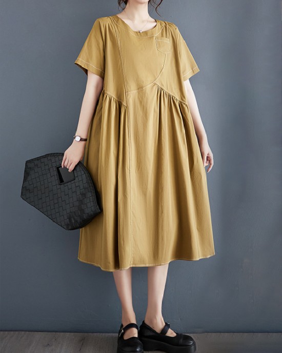 Asymmetric Pleated Pockets Solid Color Split-Joint A-line Loose Round-neck Midi Dresses