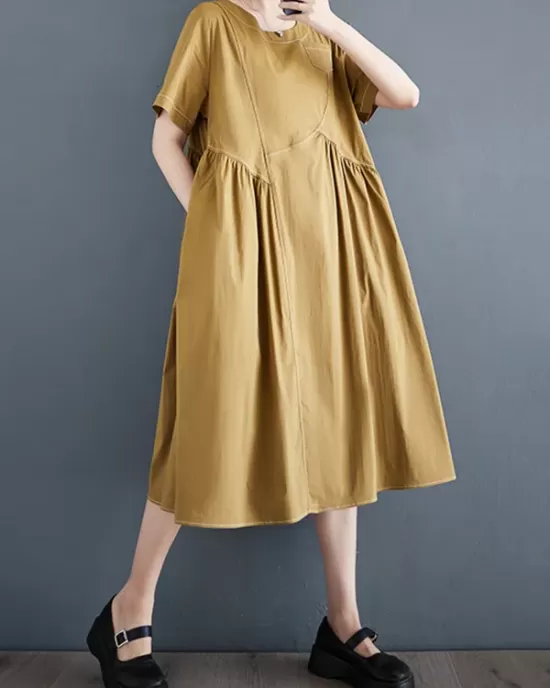 Asymmetric Pleated Pockets Solid Color Split-Joint A-line Loose Round-neck Midi Dresses