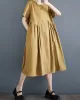 Asymmetric Pleated Pockets Solid Color Split-Joint A-line Loose Round-neck Midi Dresses