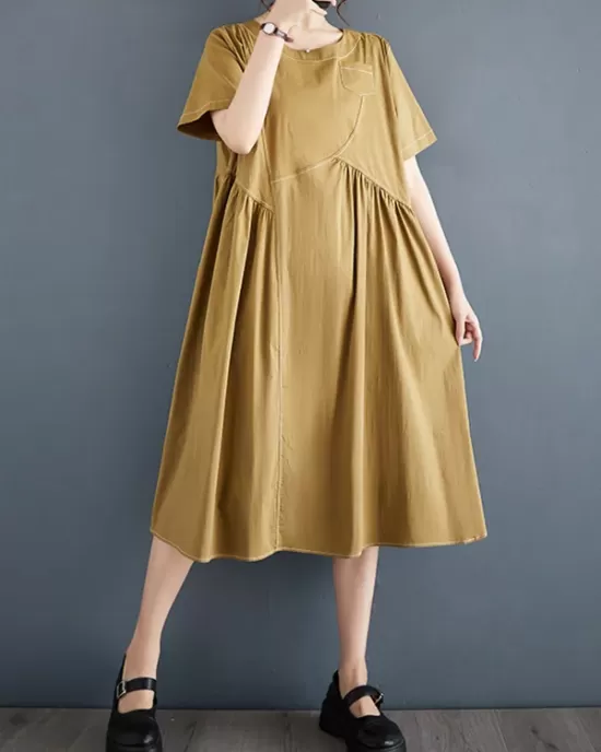 Asymmetric Pleated Pockets Solid Color Split-Joint A-line Loose Round-neck Midi Dresses