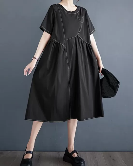 Asymmetric Pleated Pockets Solid Color Split-Joint A-line Loose Round-neck Midi Dresses