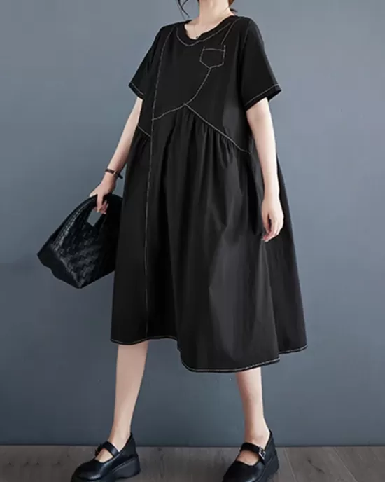 Asymmetric Pleated Pockets Solid Color Split-Joint A-line Loose Round-neck Midi Dresses