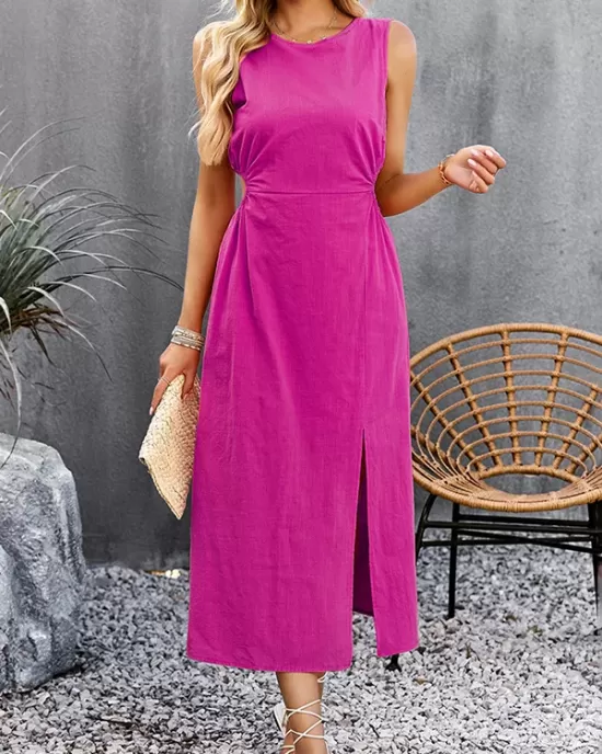 Hollow Solid Color Split-side Sleeveless Round-neck Midi Dresses