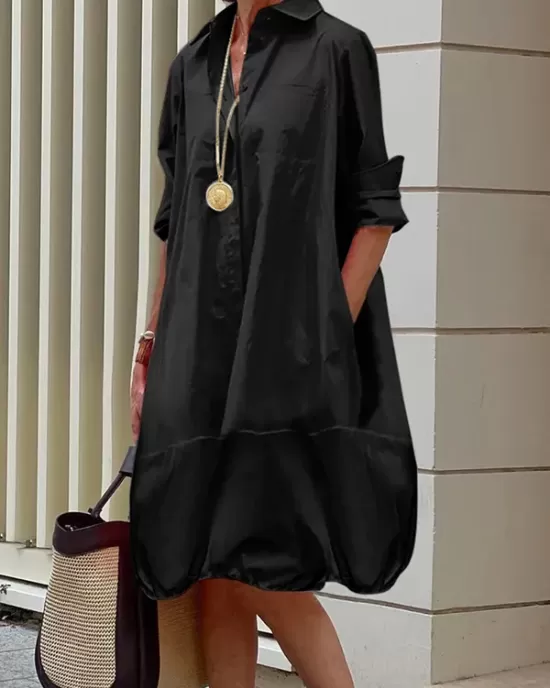 Long Sleeves Loose Solid Color Lapel Collar Midi Dresses