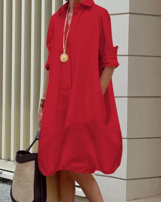 Long Sleeves Loose Solid Color Lapel Collar Midi Dresses