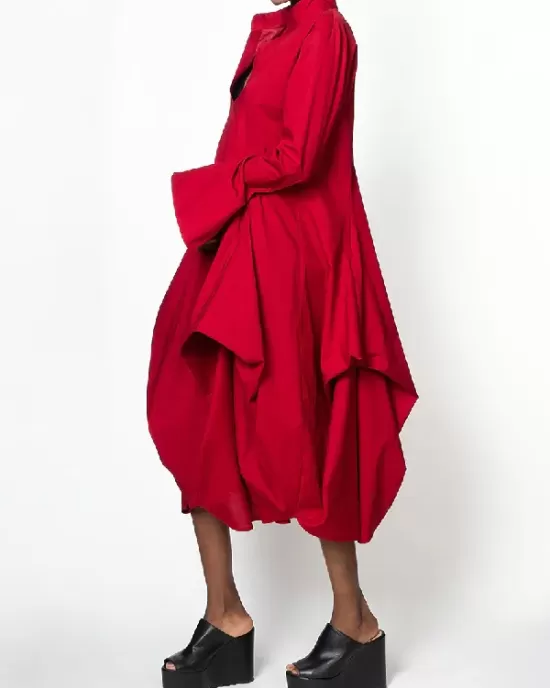 Stylish Loose Stand-Collar Long Sleeves Midi Dress