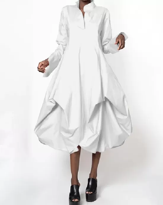 Stylish Loose Stand-Collar Long Sleeves Midi Dress