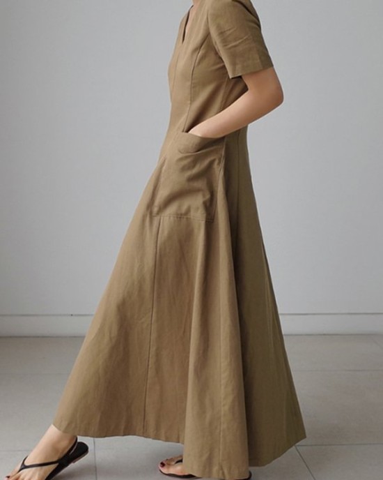 Simple Casual Solid Color Pleated Midi Dress