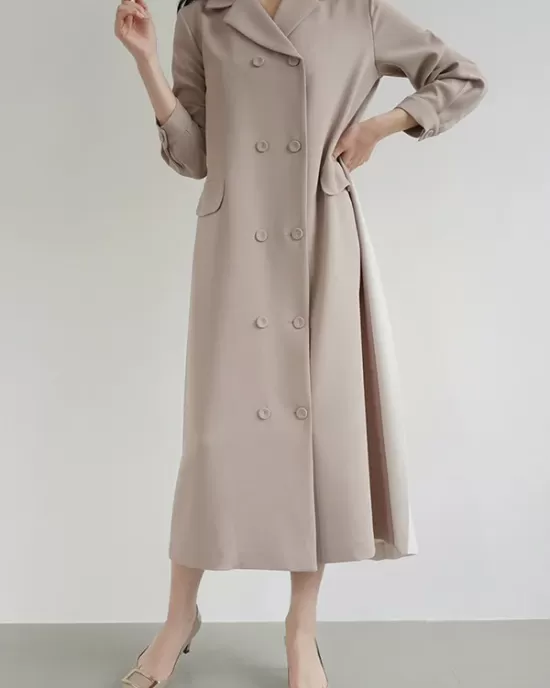 Original Chic Pleated Notched Collar Blazer Midi Dress