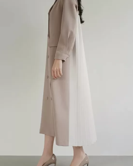 Original Chic Pleated Notched Collar Blazer Midi Dress