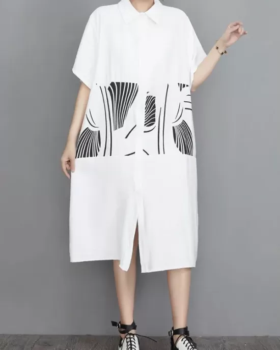 Artistic Retro Loose Printed Buttoned Midi Dress