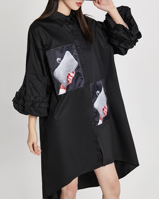 Loose High-Low Irregular Applique Shirt Dress Midi Dress